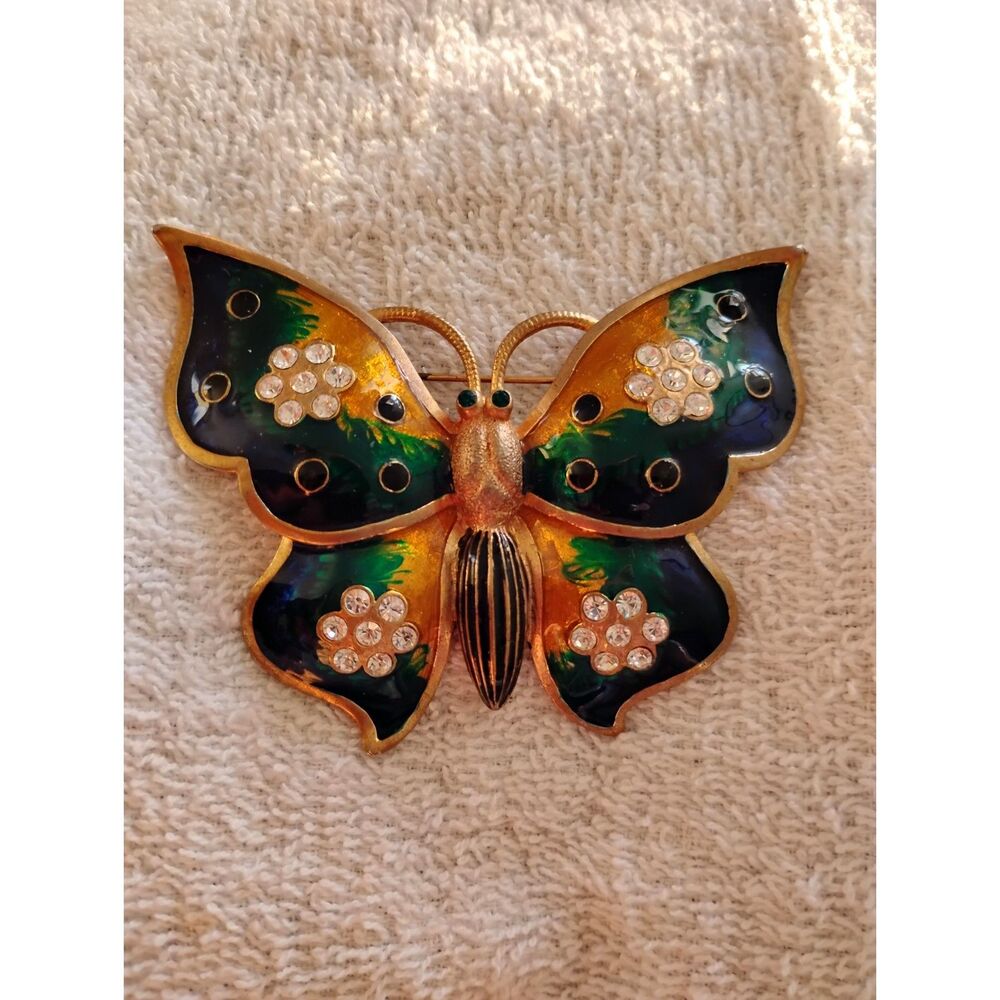 Ruby Lane Large Colorful Butterfly Brooch – Big Pin With Rhinestones & Enamel